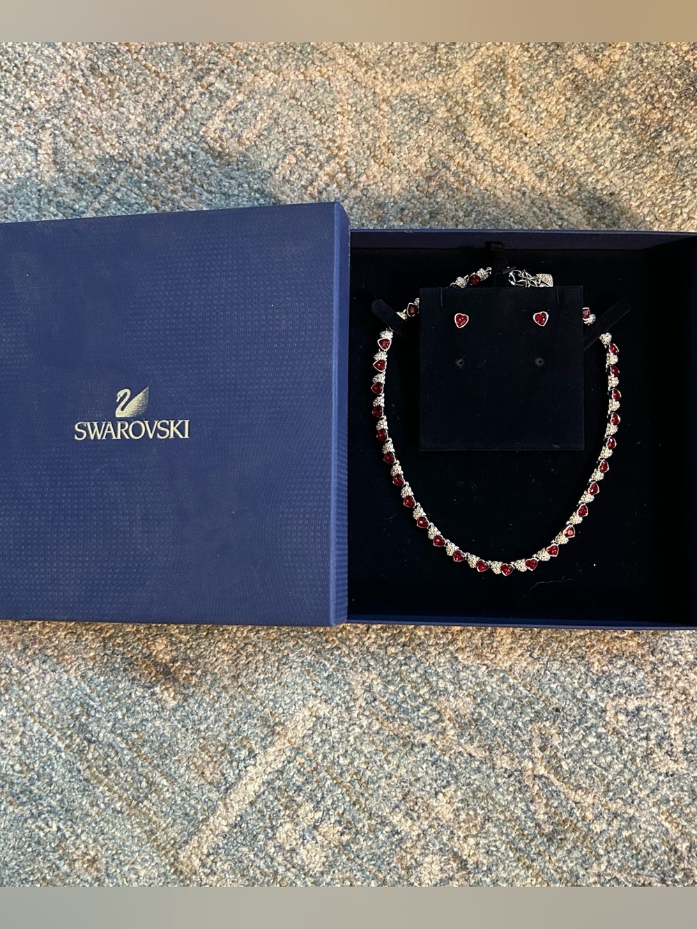 Swarovski Silver Necklace and Studs with Red Heart Crystals